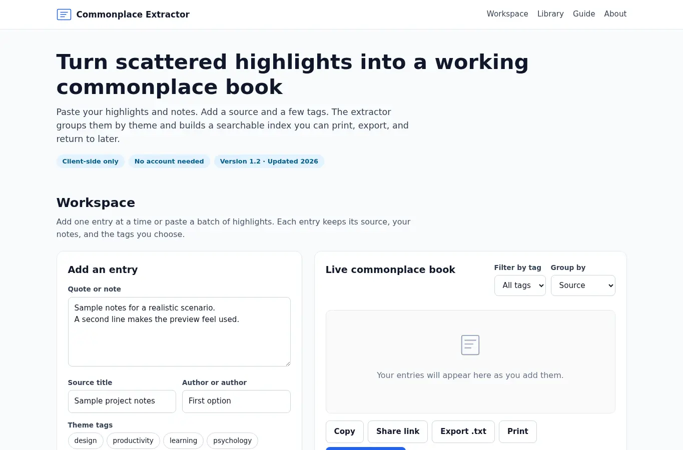 Screenshot of Reading Notes Commonplace Extractor interface showing the project page in use